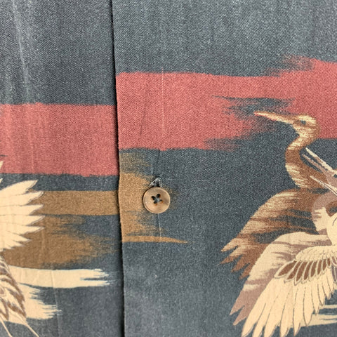 PAIGE Size M Navy Multi-Color Birds Rayon Short Sleeve Shirt
