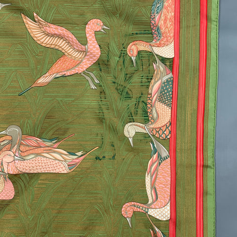 HERMES LA MARE AUX CANARDS Green Pink Print Silk Scarf
