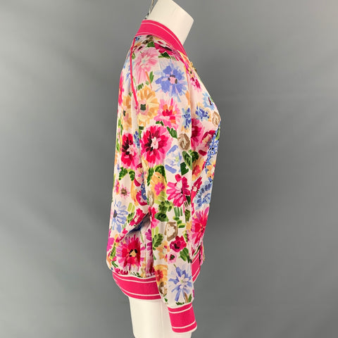 ESCADA Size 4 White & Fuchsia Floral Viscose Oversized Bomber Jacket