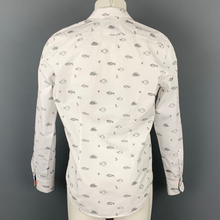 PAUL SMITH Size L White & Black Fish Embroidery Cotton Button Up Long Sleeve Shirt