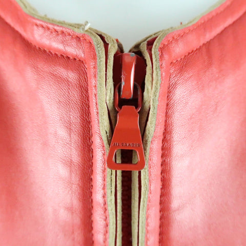 JIL SANDER Size L Red Raw Edge Leather Collarless Zip Jacket