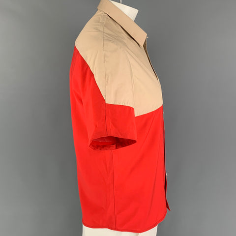 STEPHAN SCHNEIDER Size XL Khaki Red Color Block Wool Cotton Short Sleeve Shirt