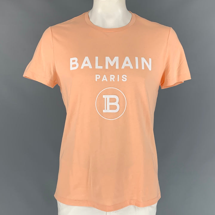 BALMAIN Size XL Peach Logo Cotton Crew-Neck T-shirt
