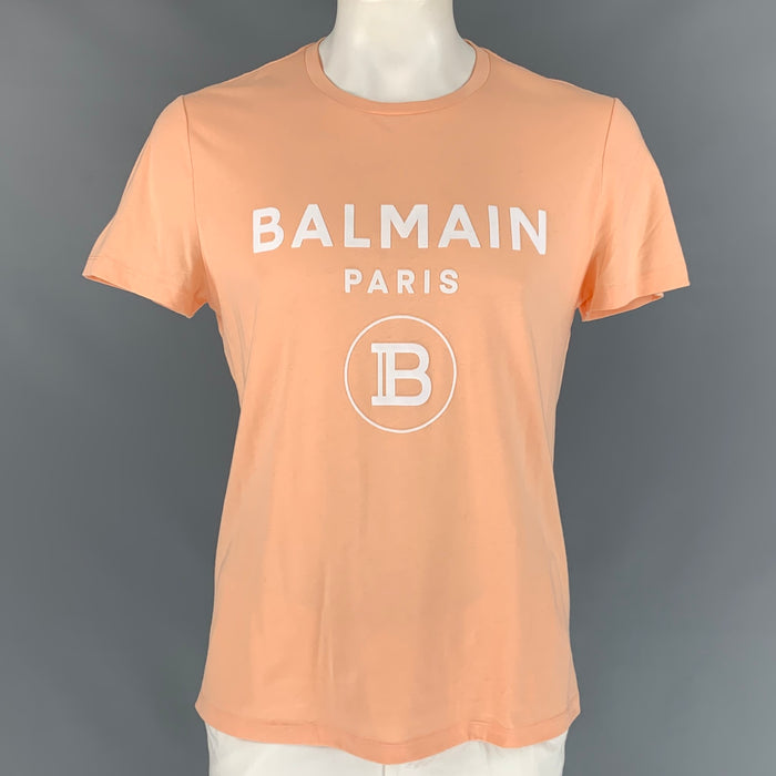 BALMAIN Taille XL T-shirt à col rond en coton avec logo pêche