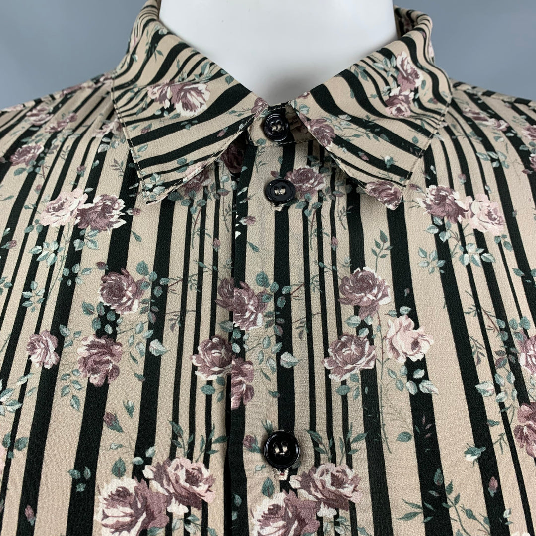 GARCONS INFIDELES Size XXL Beige Black Floral Silk Button Up Long Sleeve Shirt