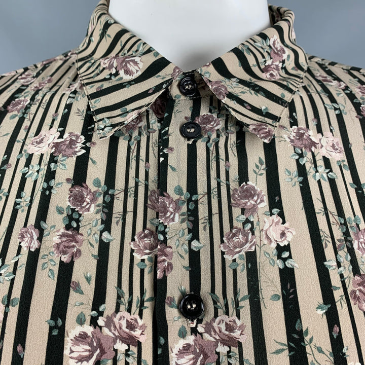 GARCONS INFIDELES Size XXL Beige Black Floral Silk Button Up Long Sleeve Shirt