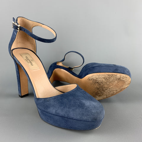 VALENTINO Size 8 Blue Suede PLatform Rockstud Anbkle Strap Pumps