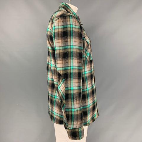 OAKLEY Size L Black & Green Plaid Cotton Reversible Jacket
