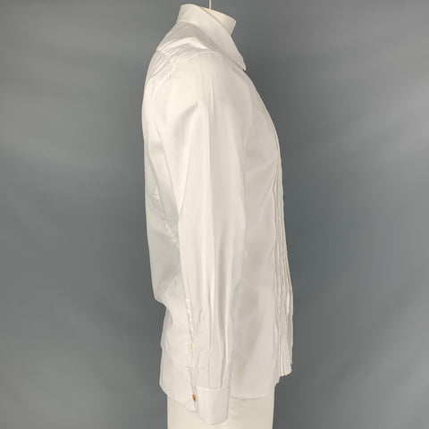 LANVIN Size L White Pleated Cotton Tuxedo Long Sleeve Shirt