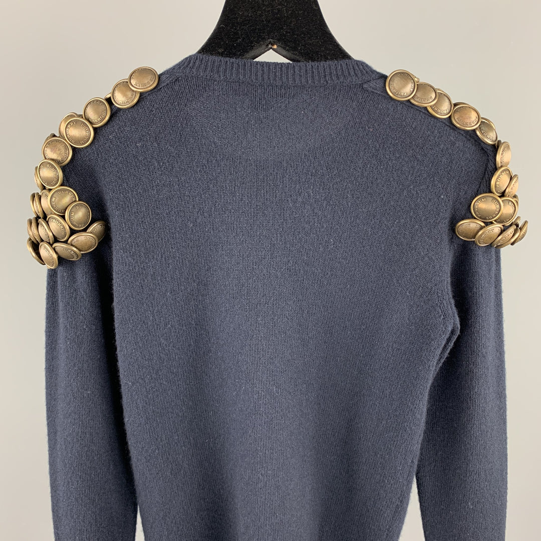 BURBERRY PRORSUM Fall 2010 Size XS Navy Knitted Wool Gold Button Epaulettes Crew-Neck Sweater