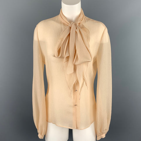 HERMES Size 8 Beige Crepe Silk Tie Neck Blouse