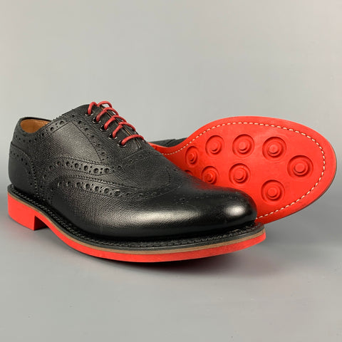 GRENSON Size 8.5 Black & Red Perforated Leather Wingtip Lace Up Shoes