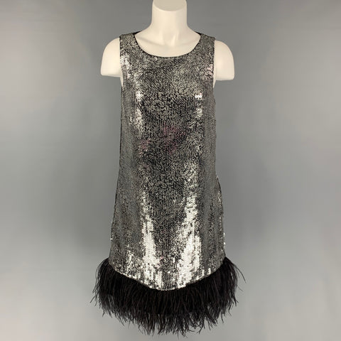 BADGLEY MISCHKA COLLECTION Size S Silver & Black Polyester Sequined Ostrich Feathers Dress