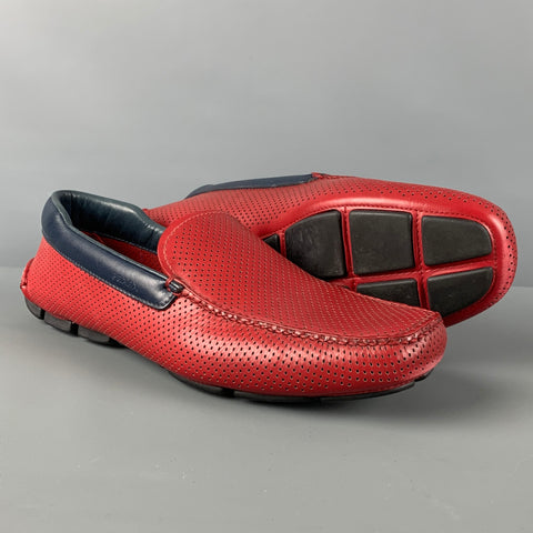 PRADA Size 10 Red Perforated Leather Square Toe Loafers