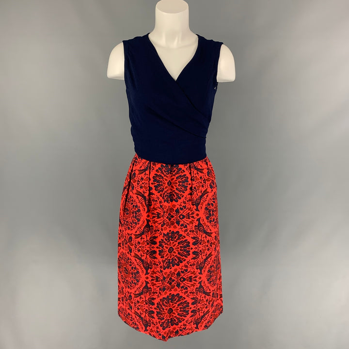 Vintage NINA RICCI traje de falda de 3 piezas con tapiz de crepé rojo y azul marino