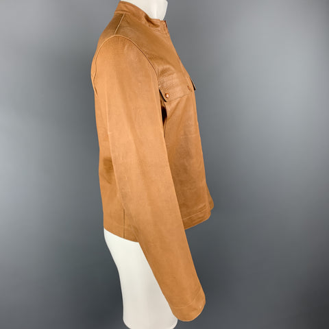 MIU MIU Size S Tan Textured Leather High Collar FLap Pocket Jacket
