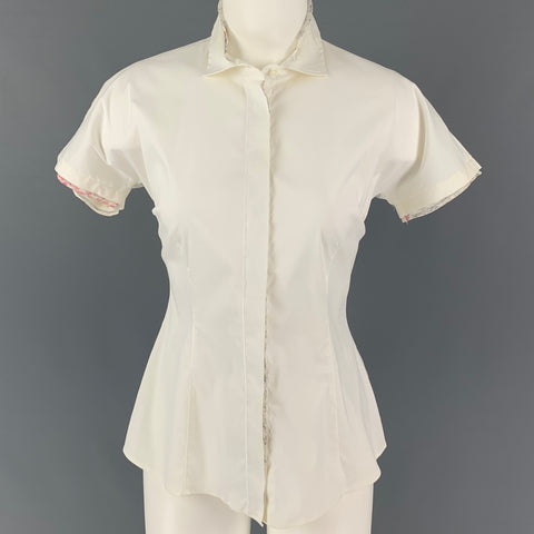 RIVAMONTI Size M White Cotton Blend Short Sleeve Blouse