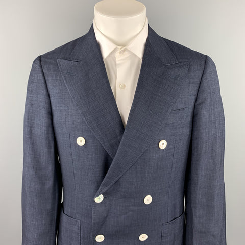 CANALI Size 40 Navy Woven Linen Blend Peak Lapel Sport Coat