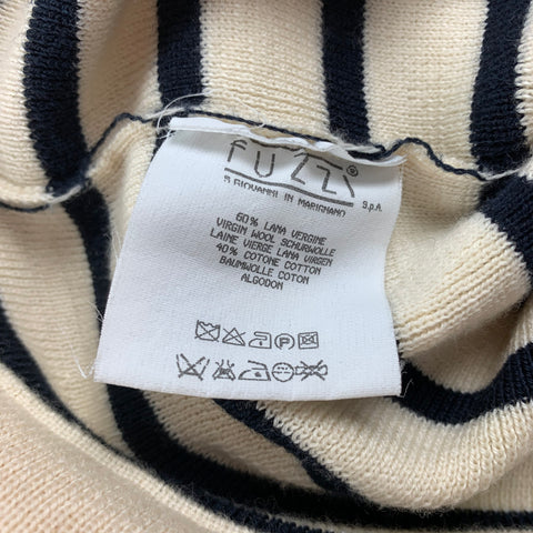 Vintage JEAN PAUL GAULTIER Size M Beige & Navy Stripe Wool / Cotton Tube Collar Cuffs Sweater