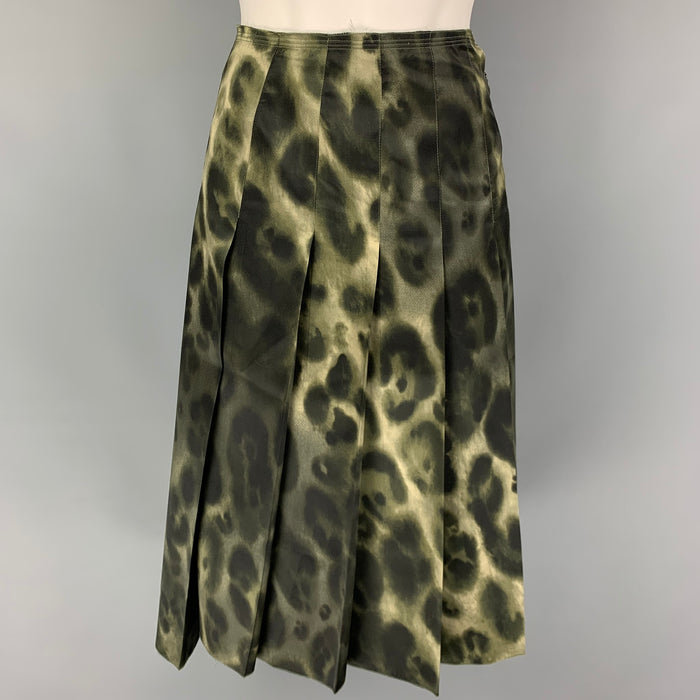 PRADA Size 8 Olive Black Silk Print A-Line Skirt
