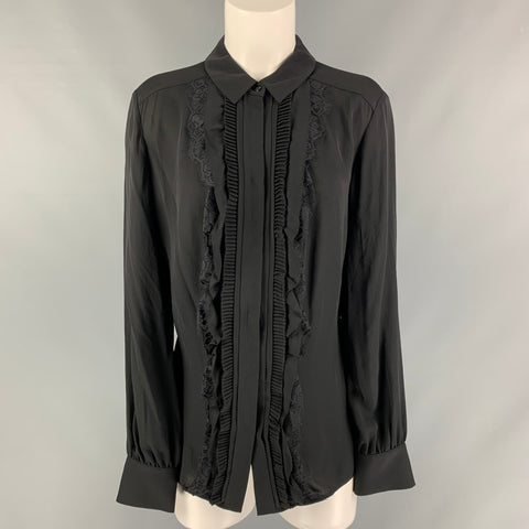 ESCADA Taille M Chemise à patte cachée en soie avec bordure en dentelle noire