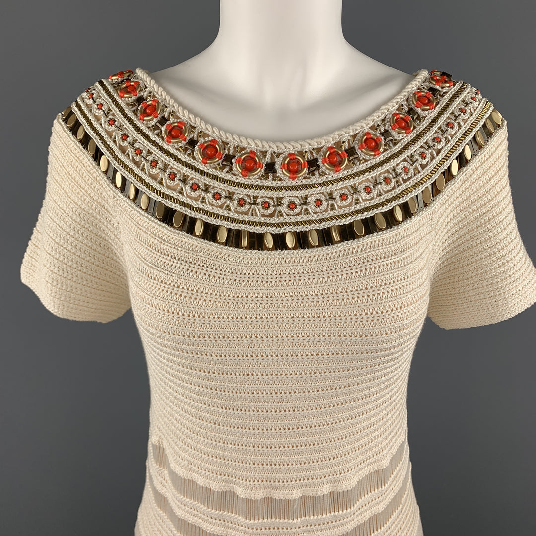 ESCADA Size 8 Beige Silk Knit Beaded Neckline Boat Neck Dress