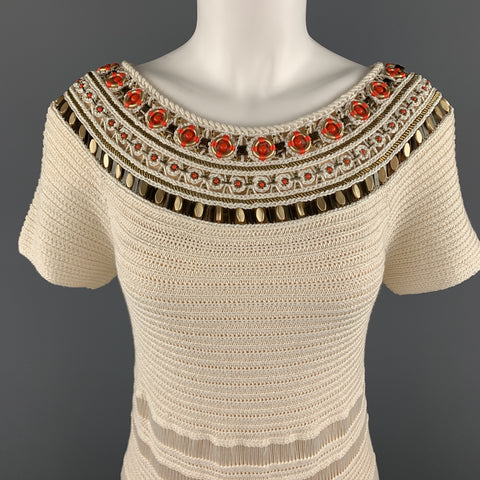 ESCADA Taille 8 Robe à col bateau en tricot de soie beige et perles