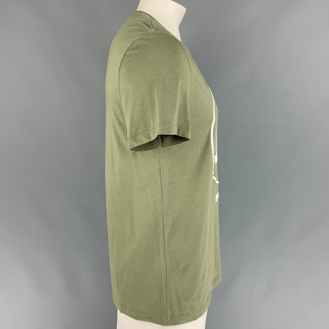 BALMAIN Size XL Olive Logo Cotton Crew-Neck T-shirt