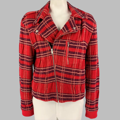MARC by MARC JACOBS Size XL Red Navy Plaid Wool Biker Jacket