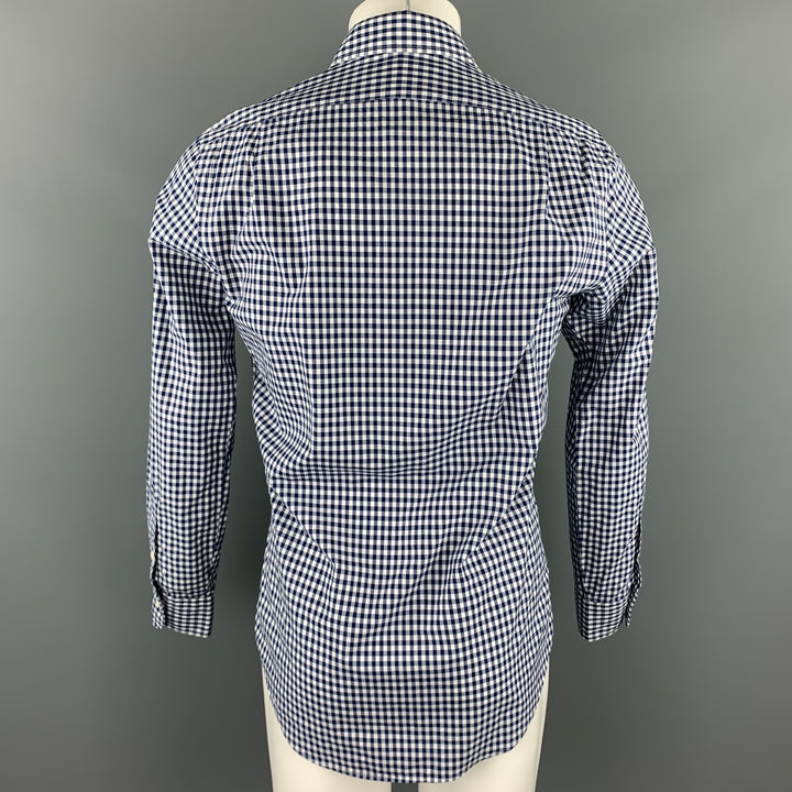 RALPH LAUREN Talla S Camisa de manga larga con botones de algodón a cuadros azul marino y blanco