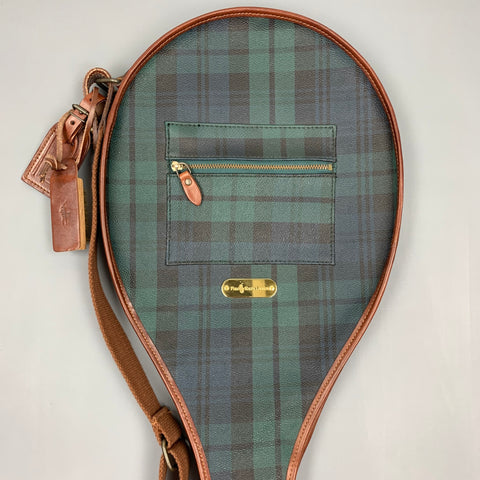 vintage RALPH LAUREN Blackwatch Couverture de raquette de tennis en cuir enduit de toile