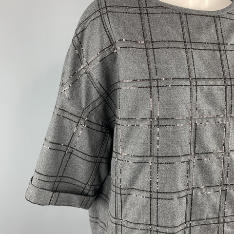BRUNELLO CUCINELLI Size S Grey Sequin Monili Plaid Short Sleeve Top