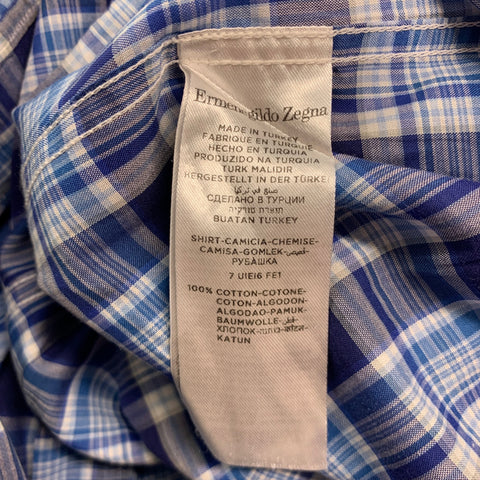 ERMENEGILDO ZEGNA Size M Blue White Plaid Cotton Long Sleeve Shirt