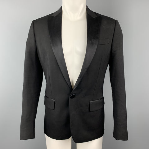 DSQUARED2 Size 40 Black Wool Blend Satin Peak Lapel Tuxedo Jacket