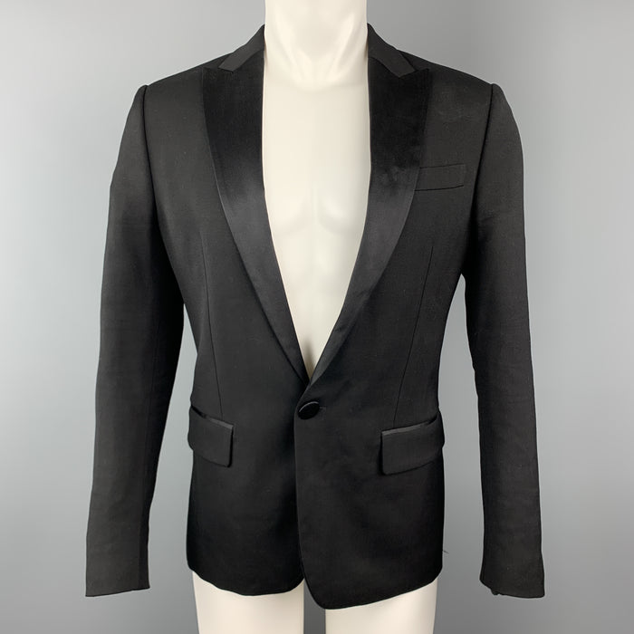 DSQUARED2 Size 40 Black Wool Blend Satin Peak Lapel Tuxedo Jacket