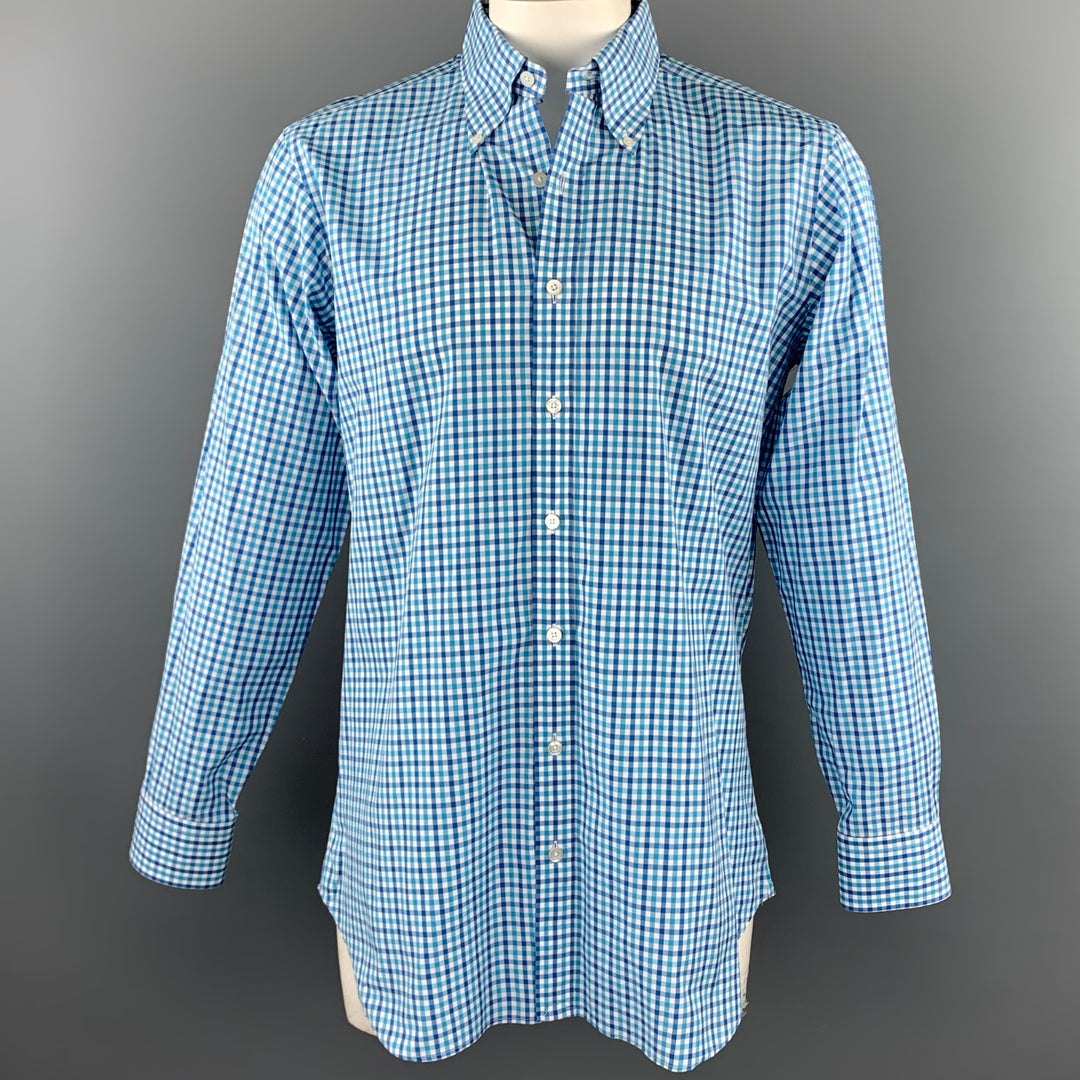 HAMILTON Taille L Sarcelle Plaid Coton Boutonné Chemise à manches longues