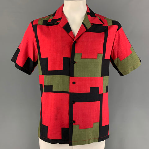 Vintage GENE MEYER Size L Red Black Olive Print Silk Camp Short Sleeve Shirt