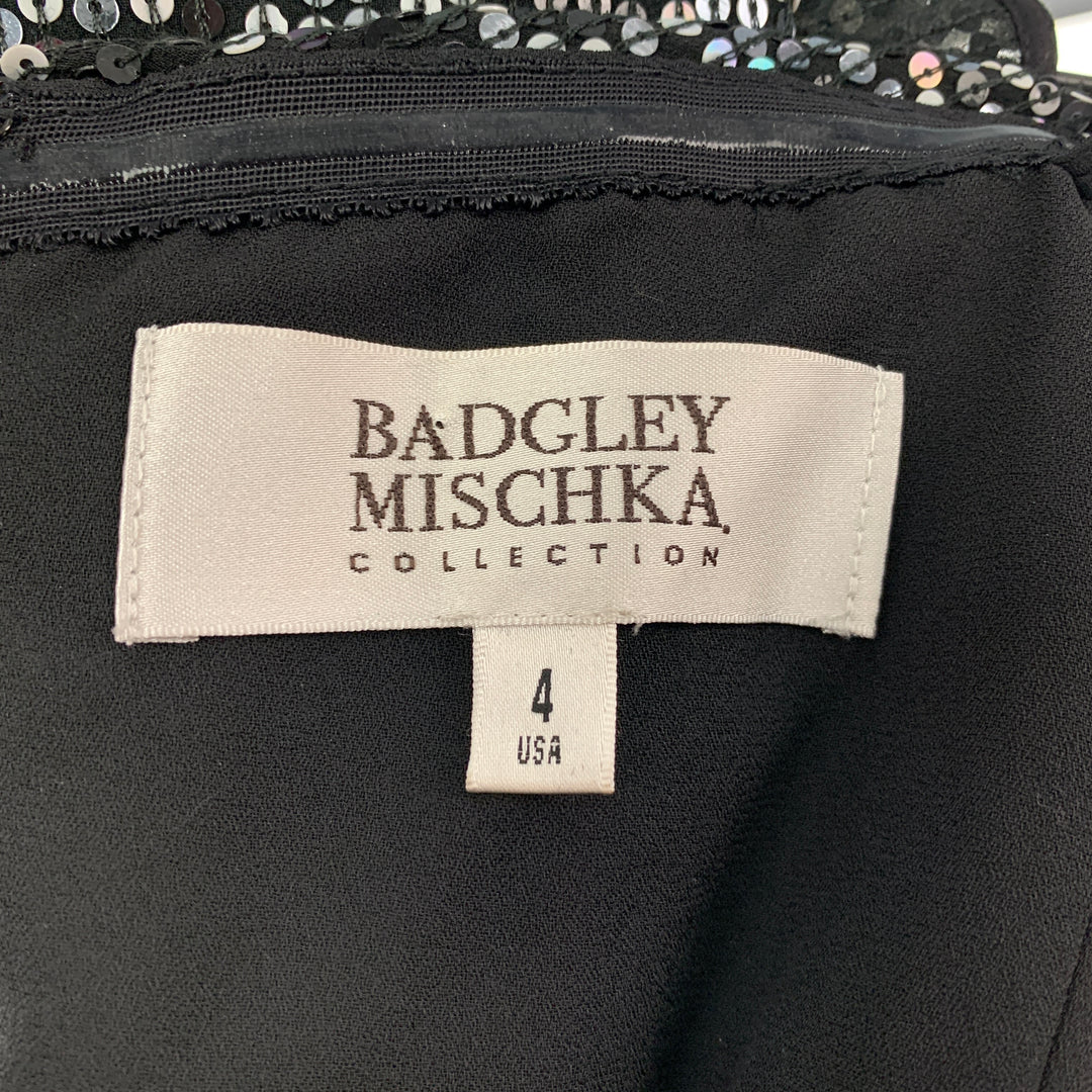 BADGLEY MISCHKA Size 4 Black & White Silk Sequined Wrap Dress