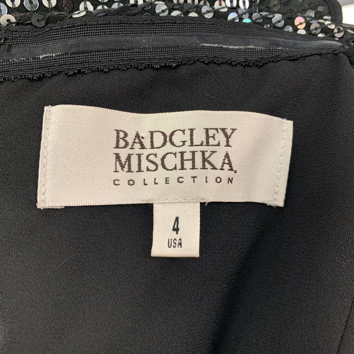BADGLEY MISCHKA Size 4 Black & White Silk Sequined Wrap Dress