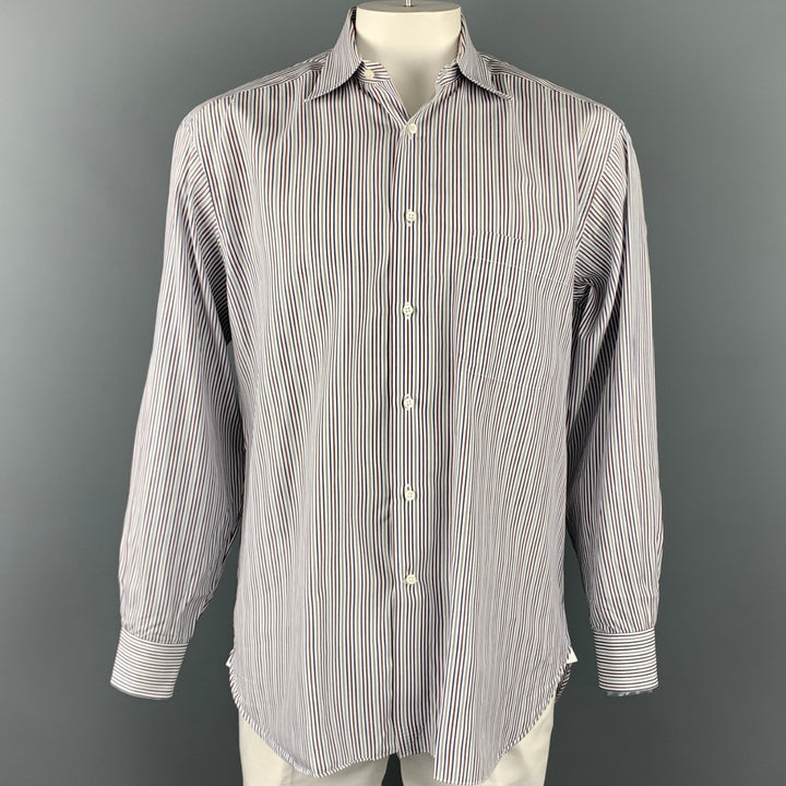 ERMENEGILDO ZEGNA Size XL White &  Blue Stripe Cotton Long Sleeve Shirt