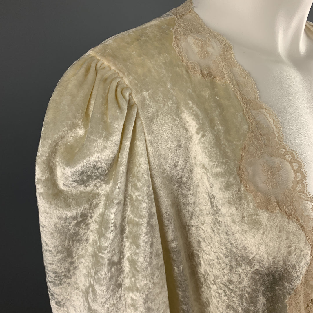 CHRISTIAN DIOR Size M Cream Crushed Velvet Lce Trim Cropped Robe Top