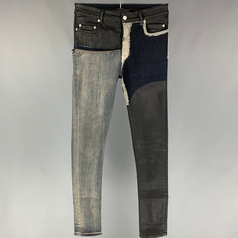 RICK OWENS Tyrone SS 19 Size 30 Black Blue Patchwork Cotton Blend Jeans
