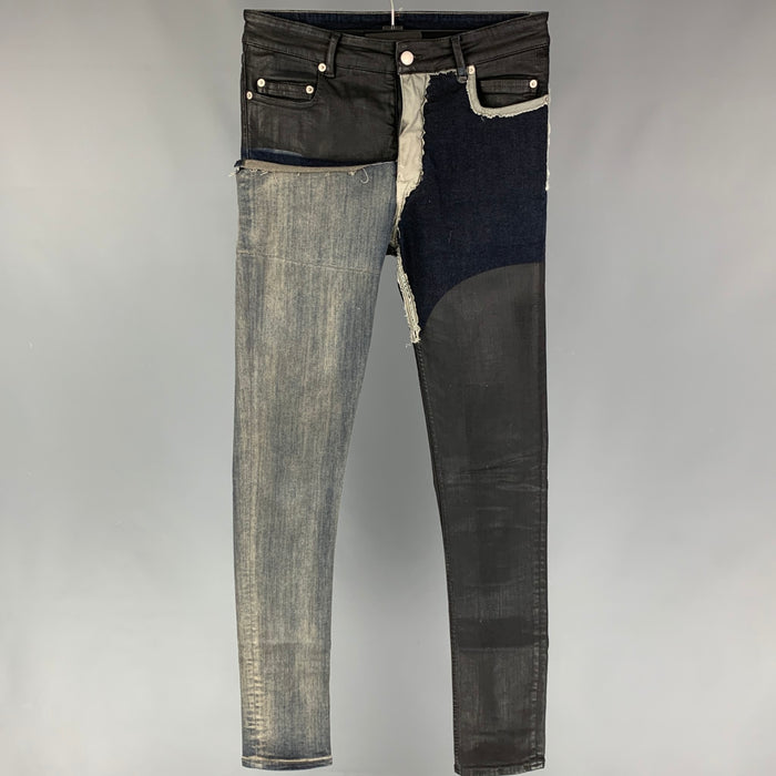 RICK OWENS Tyrone SS 19 Size 30 Black Blue Patchwork Cotton Blend Jeans