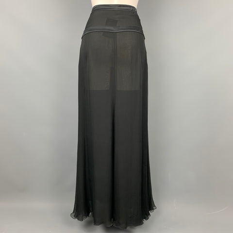VALENTINO Size 8 Black Sheer Silk Chiffon Satin Belt Maxi Skirt