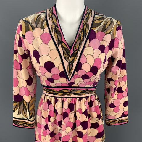 EMILIO PUCCI Vintage Size 10 Pink Print Velvet A Line Long Sleeve Dress