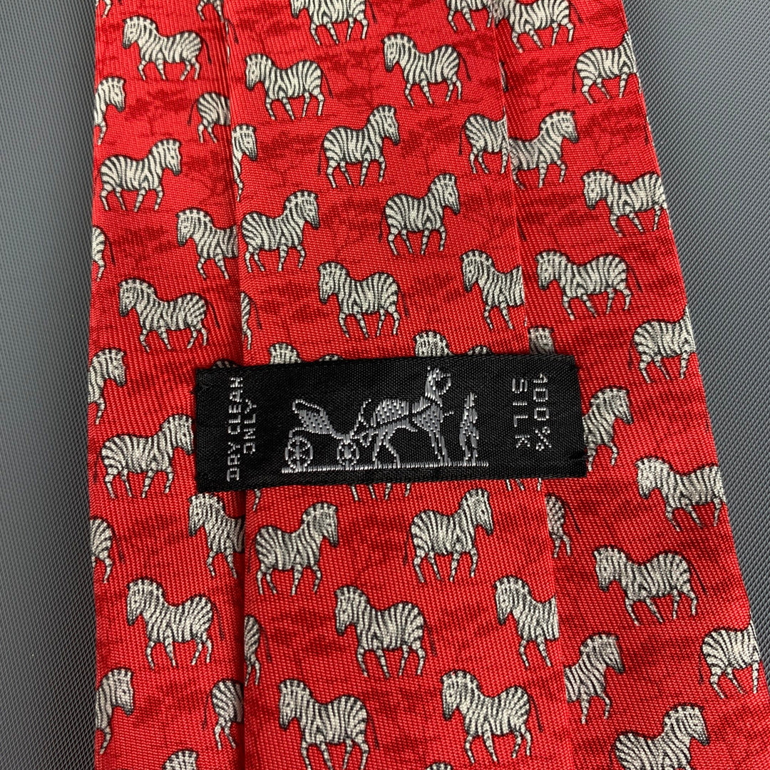 HERMES 7110 OA Red White Zebra Silk Tie