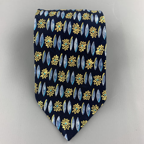 BRIONI Navy Blue & Yellow Flower Print Silk Tie