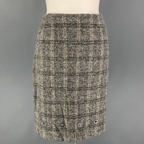 VALENTINO Size 12 Grey Cream Wool Polyamide Plaid Pencil Skirt