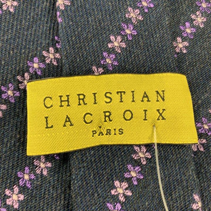 CHRISTIAN LACROIX  Navy & Purple Floral Stripe Silk / Wool Tie