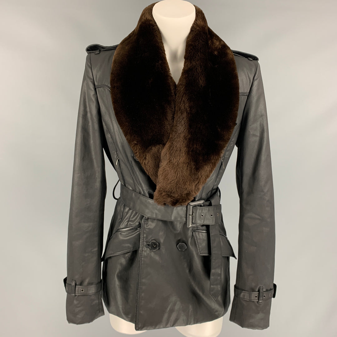 JEAN PAUL GAULTIER Size 10 Black Coated Cotton Belted Double Breasted Jacket